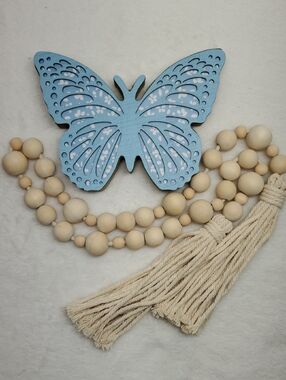 Blue Wood Freestanding Butterfly Decor & Natural Beaded Garland